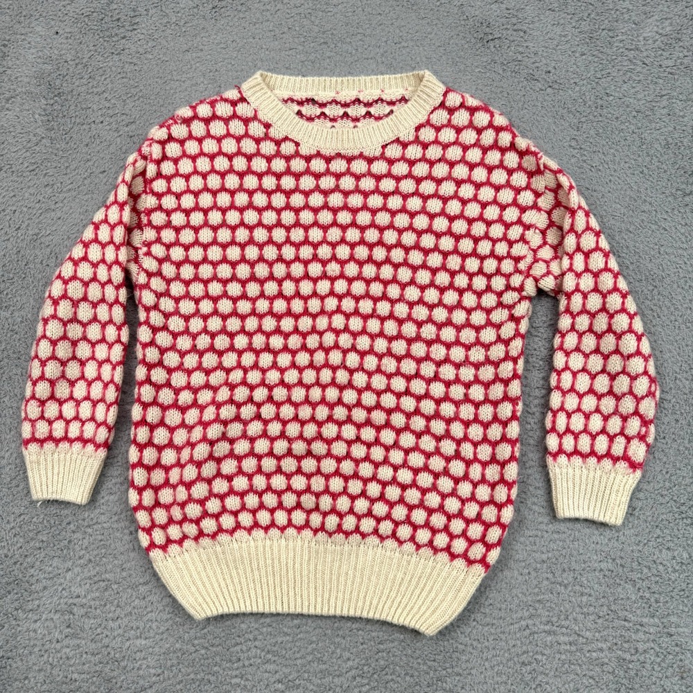 Crochet Sweater Women M Cream Pink Geo Retro Grandmacore Grannycore Lightweight